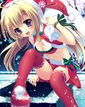  :d bag bell blonde_hair blue_eyes blush boots bow breasts capelet chimney christmas cleavage hair_ornament hairclip hairpin hat highres long_hair looking_at_viewer medium_breasts midriff navel open_mouth original red_legwear ribbon rooftop sack santa_costume santa_hat shiramori_yuse skirt smile snow snowflakes snowing solo star star_hair_ornament thigh_boots thighhighs wrist_ribbon 