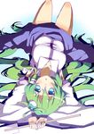  aqua_eyes detached_sleeves exion_(neon) frog gohei green_hair hair_ornament kochiya_sanae long_hair lying snake solo touhou upside-down 