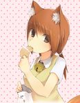  animal_ears bell breasts brown_eyes brown_hair cat_ears cat_tail catgirl cookie eating female food mouth_hold original ponytail solo tail terawarosuke 