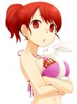  2011 :o animal animal_between_breasts between_breasts bikini breast_lift breasts bunny cleavage large_breasts looking_at_viewer nagian open_mouth original red_eyes red_hair simple_background solo swimsuit upper_body 