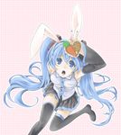  2011 animal_ears blue_eyes blue_hair bunny_ears carrot detached_sleeves from_above hatsune_miku heart long_hair looking_up necktie nerikesi36 new_year open_mouth sitting skirt solo thighhighs twintails very_long_hair vocaloid 