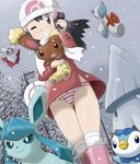  alternate_costume beanie black_hair boots buneary coat delibird froslass gen_2_pokemon gen_4_pokemon glaceon hat hikari_(pokemon) holding holding_pokemon no_pants one_eye_closed panties pink_footwear piplup pokemoa pokemon pokemon_(creature) pokemon_(game) pokemon_dppt pokemon_platinum poketch scarf snover snow striped striped_panties thigh_gap underwear watch white_scarf winter winter_clothes wristwatch 