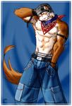  bo-gilliam bulge canine collar dog fangs grin male muscles solo standing tail topless 