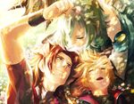  2boys aqua_(kingdom_hearts) bad_id bad_pixiv_id blonde_hair blue_eyes blue_hair brown_hair closed_eyes danbo_(symbols) flower kingdom_hearts kingdom_hearts_birth_by_sleep multiple_boys terra_(kingdom_hearts) tree ventus wristband 