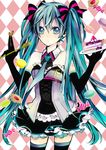 aqua_eyes aqua_hair bare_shoulders bow cake checkered checkered_background detached_collar elbow_gloves food fork gloves hair_bow hatsune_miku inami_eno long_hair necktie plate skirt solo sweets thighhighs twintails very_long_hair vocaloid 