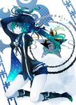  bikini_top black_rock_shooter black_rock_shooter_(character) blue_eyes blue_hair boots burning_eye coat hall_jion highres long_hair midriff pale_skin scar shorts solo twintails 