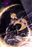  animal_ears armor ass blonde_hair fantasy_earth_zero fox_ears fox_tail from_behind highres looking_back motion_lines night night_sky profile ryouku short_hair skin_tight sky slashing smile solo star_(sky) starry_sky sword tail tail_through_clothes weapon 