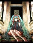  aqua_eyes aqua_hair bad_id bad_pixiv_id choker ct5_misaka detached_sleeves door earmuffs gloves hatsune_miku long_hair mary_janes necktie pantyhose shoes sitting sitting_on_stairs skirt solo stairs twintails very_long_hair vocaloid 