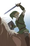  blonde_hair blue_eyes epona gb_(doubleleaf) gloves hat holding holding_sword holding_weapon horse left-handed link male_focus pointy_ears shield solo sword the_legend_of_zelda the_legend_of_zelda:_twilight_princess weapon 
