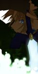  1boy blonde_hair blue_eyes commentary_request earrings gloves holding holding_sword holding_weapon jewelry left-handed link looking_back male_focus master_sword otton solo sword the_legend_of_zelda the_legend_of_zelda:_ocarina_of_time weapon 