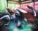  2019 anthro avian big_breasts bird breasts detailed_background digital_media_(artwork) dragon eva_(ozawk) feathered_dragon feathered_wings feathers featureless_breasts female fivel hi_res partially_submerged smile solo vulture water wings 