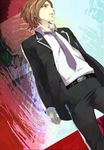  brown_eyes brown_hair dutch_angle joka_(night_gate) male_focus necktie persona persona_2 school_uniform solo suou_tatsuya 