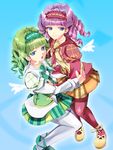  2girls angel_wings aqua_background asia_(wild_arms) bad_id bad_pixiv_id blue_eyes drill_hair fiore_(wild_arms) full_body green_hair hairband hug looking_at_viewer merii multicolored multicolored_eyes multiple_girls necktie open_mouth pantyhose purple_eyes purple_hair shirt shoes short_hair siblings skirt smile symbol-shaped_pupils twins vest wild_arms wild_arms_4 wings 