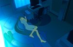  bad_id bad_pixiv_id bare_shoulders barefoot bed body_pillow capri_pants chair computer feet from_above from_behind green_hair hatsune_miku keyboard_(computer) long_hair lying monitor office_chair on_side pants pillow room solo spring_onion table tank_top themed_object twintails very_long_hair vocaloid yuanmaru 