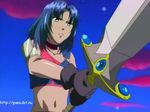  angry blue_hair choker cloud clouds dawn female gloves green_eyes long_hair marone_bluecarno midriff navel sky solo sword tales_of_(series) tales_of_eternia weapon 