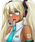  ahegao bare_shoulders blonde_hair blush bodypaint detached_sleeves ganguro hatsune_miku headset long_hair rolleyes saliva solo tan tie tongue twintails very_long_hair vocaloid 