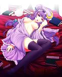  :3 bare_shoulders bed_sheet book breasts crescent highres jyun long_hair lying medium_breasts nipples off_shoulder on_back open_clothes patchouli_knowledge purple_eyes purple_hair solo thighhighs touhou 