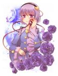  absurdres amagumo blush eyeball flower hairband highres komeiji_satori open_mouth purple_eyes purple_hair short_hair solo third_eye touhou 