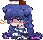  alice_(criminal_girls) book book_on_head bow braid bright_pupils chain chibi clenched_teeth criminal_girls full_body hair_bow ichihaya jewelry jitome long_hair long_sleeves multicolored multicolored_clothes multicolored_legwear necklace no_shoes object_on_head official_art purple_eyes purple_hair sharp_teeth simple_background sitting sleeves_past_wrists solo striped striped_legwear teeth thighhighs twin_braids twintails two-tone_legwear 