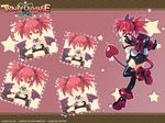  2009 bat_wings blush bracelet closed_eyes collar demon_girl disgaea earrings elbow_gloves etna gloves jewelry multiple_persona official_art pointy_ears red_background red_eyes red_hair thighhighs trinity_universe tsunako twintails wallpaper wings 