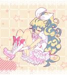  bad_id bad_pixiv_id bare_legs blonde_hair blush boots bow closed_eyes cosplay cure_rhythm cure_rhythm_(cosplay) curly_hair hairband hand_to_own_mouth knee_boots leg_hug linaria_(ookinahitomi) long_hair look-alike magical_girl nia_teppelin pink_bow ponytail precure solo star starry_background suite_precure tengen_toppa_gurren_lagann yellow_background 
