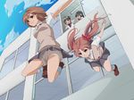  am. bad_id bad_pixiv_id brown_eyes brown_hair building from_below highres jumping long_hair misaka_mikoto multiple_girls sakugawa_school_uniform saten_ruiko school_uniform serafuku shirai_kuroko short_hair shorts skirt sweater_vest to_aru_kagaku_no_railgun to_aru_majutsu_no_index tokiwadai_school_uniform twintails uiharu_kazari 