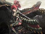  armor brown_eyes chain deviljho deviljho_(armor) eyepatch haku_(sabosoda) monster monster_hunter monster_hunter_portable_3rd pointy_ears red_hair sitting solo sword weapon 