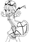  crystal fang flandre_scarlet greyscale kannazuki_hato monochrome open_mouth outstretched_arms pointy_ears short_hair side_ponytail simple_background solo spread_arms touhou wings zipper 