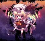 ascot blonde_hair boooo-im chibi dress fang flandre_scarlet grave hat highres house laevatein long_hair mary_janes open_mouth red_dress red_eyes shoes side_ponytail slit_pupils solo touhou weapon wings 