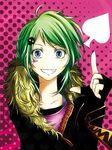  bad_id bad_pixiv_id blue_eyes facepaint fingerless_gloves gloves green_hair gumi hair_ornament mujun_(zipper) short_hair skull_hair_ornament smile solo spade_(shape) star vocaloid 