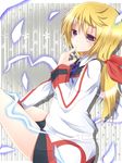  bad_id bad_pixiv_id bare_legs blonde_hair charlotte_dunois finger_to_mouth infinite_stratos kakao long_hair ponytail purple_eyes solo uniform 