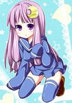  absurdres cosplay crescent crescent_hair_ornament hair_ornament highres imaichi_moenai_ko imaichi_moenai_ko_(cosplay) kobe_shinbun long_hair md5_mismatch patchouli_knowledge purple_eyes purple_hair rioshi sleeves_past_wrists solo thighhighs touhou 