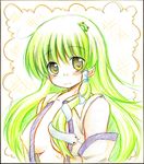  blush border breasts covered_nipples detached_sleeves frog green_hair hair_ornament hangure_bamboo200x highres kochiya_sanae long_hair medium_breasts no_bra open_clothes open_shirt shikishi shirt snake solo touhou traditional_media upper_body watercolor_pencil_(medium) yellow_eyes 