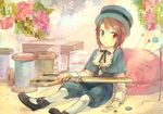  bow brown_eyes brown_hair buttons full_body green_eyes hat heterochromia necktie needle pants pantyhose pepepe_(pixiv44901) pillow ribbon rozen_maiden scissors shawl shoes short_hair sitting smile solo souseiseki string white_legwear 