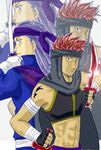  2boys assasin_(fire_emblem) back-to-back back_to_back blue_eyes cape cloak fingerless_gloves fire_emblem fire_emblem:_rekka_no_ken fire_emblem_blazing_sword gloves headband jaffar knife legault long_hair looking_back lowres multiple_boys one_eye_closed purple_hair red_eyes red_hair scar serious short_hair tattoo weapon wink 