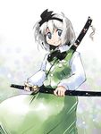  black_hairband blue_eyes ghost hairband katana konpaku_youmu nanaroku_(fortress76) scabbard sheath short_hair silver_hair smile solo sword touhou unsheathing vest weapon white_hair 