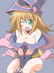  :d bare_legs bare_shoulders blonde_hair blue_background blush blush_stickers breasts cleavage dark_magician_girl duel_monster green_eyes hat large_breasts long_hair naitou_kouse one_eye_closed open_mouth pentacle pentagram smile v_arms yuu-gi-ou yuu-gi-ou_duel_monsters 