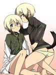  ass bad_id bad_pixiv_id bare_legs barefoot blonde_hair blue_eyes blush butt_crack erica_hartmann glasses highres iron_cross leg_between_thighs military military_uniform multiple_girls ningen_(ningen96) panties short_hair siblings sisters smile strike_witches tail twins underwear uniform ursula_hartmann world_witches_series 