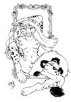  2002 b_dog black_and_white breasts covering_self feline female monochrome nude snow_leopard solo spreading tail topless 