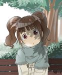  :o bench brown_eyes brown_hair head_tilt idolmaster idolmaster_(classic) oguro_(moyashi_2-hon) park park_bench scarf shadow solo takatsuki_yayoi tree tree_shade twintails 