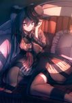  couch frilled_pillow frills garuku gothic hat hat_removed hatsune_miku headwear_removed holding holding_hat long_hair mini_hat mini_top_hat pillow purple_eyes seductive_smile sitting smile solo sunlight thighhighs top_hat twintails very_long_hair vocaloid zettai_ryouiki 