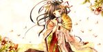  bad_id bad_pixiv_id brown_hair fan flower folding_fan hair_flower hair_ornament highres japanese_clothes kaguya_hime karaginu_mo kimono kohinata_raichi layered_clothing layered_kimono long_hair mouth_hold petals ribbon solo taketori_monogatari yellow_eyes 