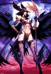  armor black_hair black_legwear black_wings chain genzoman helm helmet irish_mythology loincloth midriff moon morrigan_(mythology) solo staff thighhighs wings 