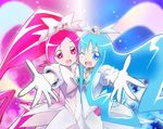  blue_eyes blue_hair cheek-to-cheek choker cure_blossom cure_marine dress eyelashes gloves hair_ribbon hanasaki_tsubomi heartcatch_precure! kisuke_(akutamu) kurumi_erika long_hair magical_girl multiple_girls one_eye_closed open_mouth outstretched_hand pink_eyes pink_hair precure ribbon smile super_silhouette_(heartcatch_precure!) symmetrical_hand_pose white_choker 