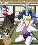  3girls animal_ears blonde_hair blue_eyes blush bunny_ears bunny_tail chasing fake_animal_ears green_hair happy hat highres horn horns hoshiguma_yuugi ibuki_suika kochiya_sanae long_hair moriya_suwako multiple_girls name_tag nikku_(ra) no_pants one-piece_swimsuit purple_hair red_eyes school_swimsuit short_hair sitting swimsuit swimsuit_under_clothes tail tatami thighhighs touhou wariza yasaka_kanako 