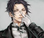  adjusting_eyewear bad_id bad_pixiv_id black_hair claude_faustus dr. formal glasses gloves kuroshitsuji lips male_focus solo yellow_eyes 