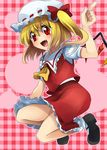  :d bad_id bad_pixiv_id blonde_hair checkered checkered_background fang flandre_scarlet index_finger_raised kneeling marimo_danshaku open_mouth red_eyes short_hair side_ponytail slit_pupils smile solo touhou wings 