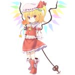  apple ascot bad_id bad_pixiv_id blonde_hair boots child flandre_scarlet food fruit full_body hat laevatein lowres midriff navel red_eyes red_skirt sanuki_(zigzagflamberge) side_ponytail skirt solo standing touhou transparent_background wings 
