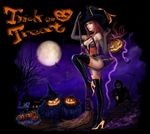  belt boots broom chain cross-laced_footwear elbow_gloves full_moon ghost gloves halloween hat high_heels lace-up_boots long_hair moon original pumpkin red_eyes red_hair scythe shoes skirt solo thigh_boots thighhighs tomoe_(artist) trick_or_treat witch witch_hat 