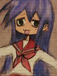  blue_hair green_eyes izumi_konata long_hair lucky_star mole mole_under_eye open_mouth pink_neckwear ringed_eyes ruzara ryouou_school_uniform school_uniform serafuku solo 